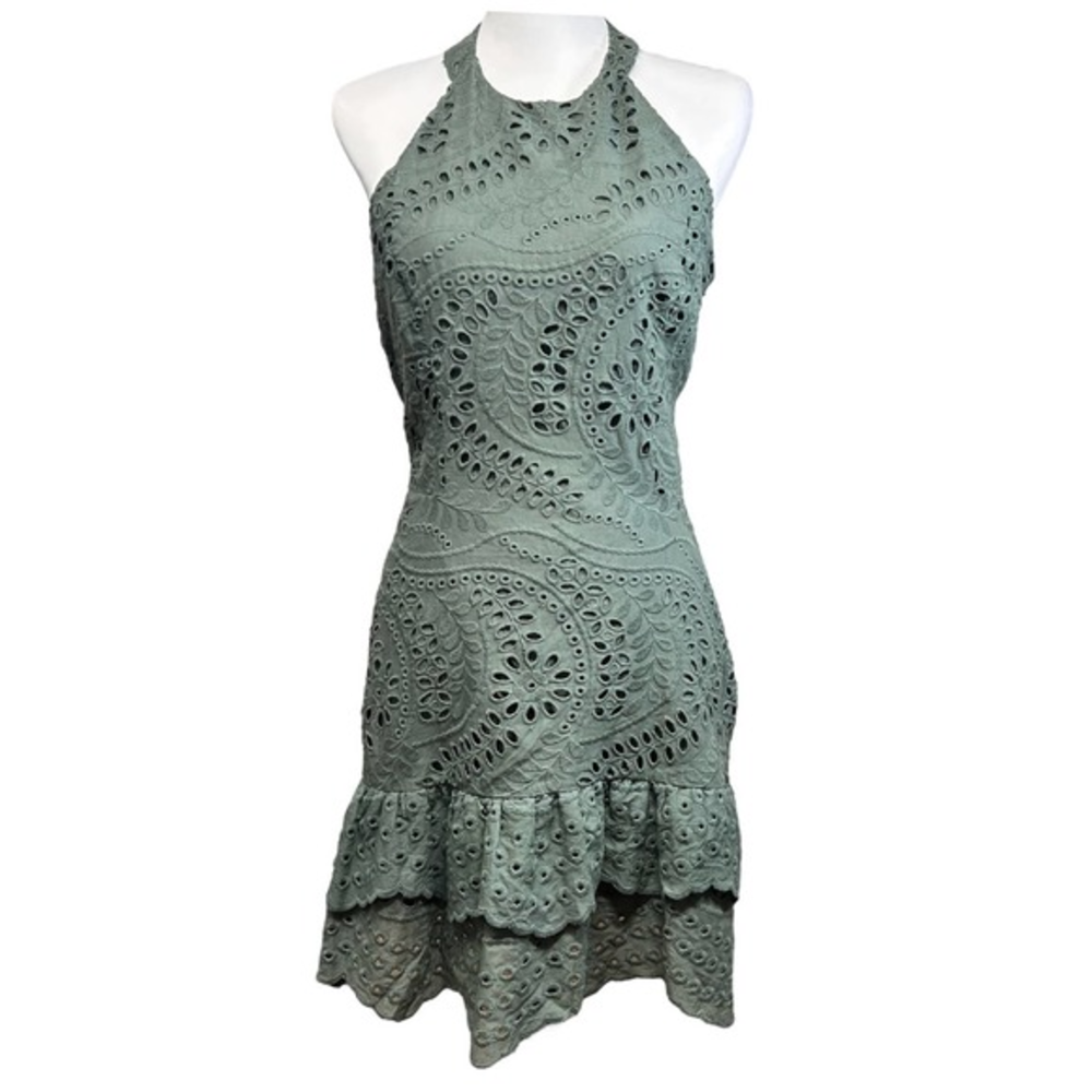 Parker Walker Shift Halter Eyelet‎ Ruffle Green Mini Dress - Women's Size 6